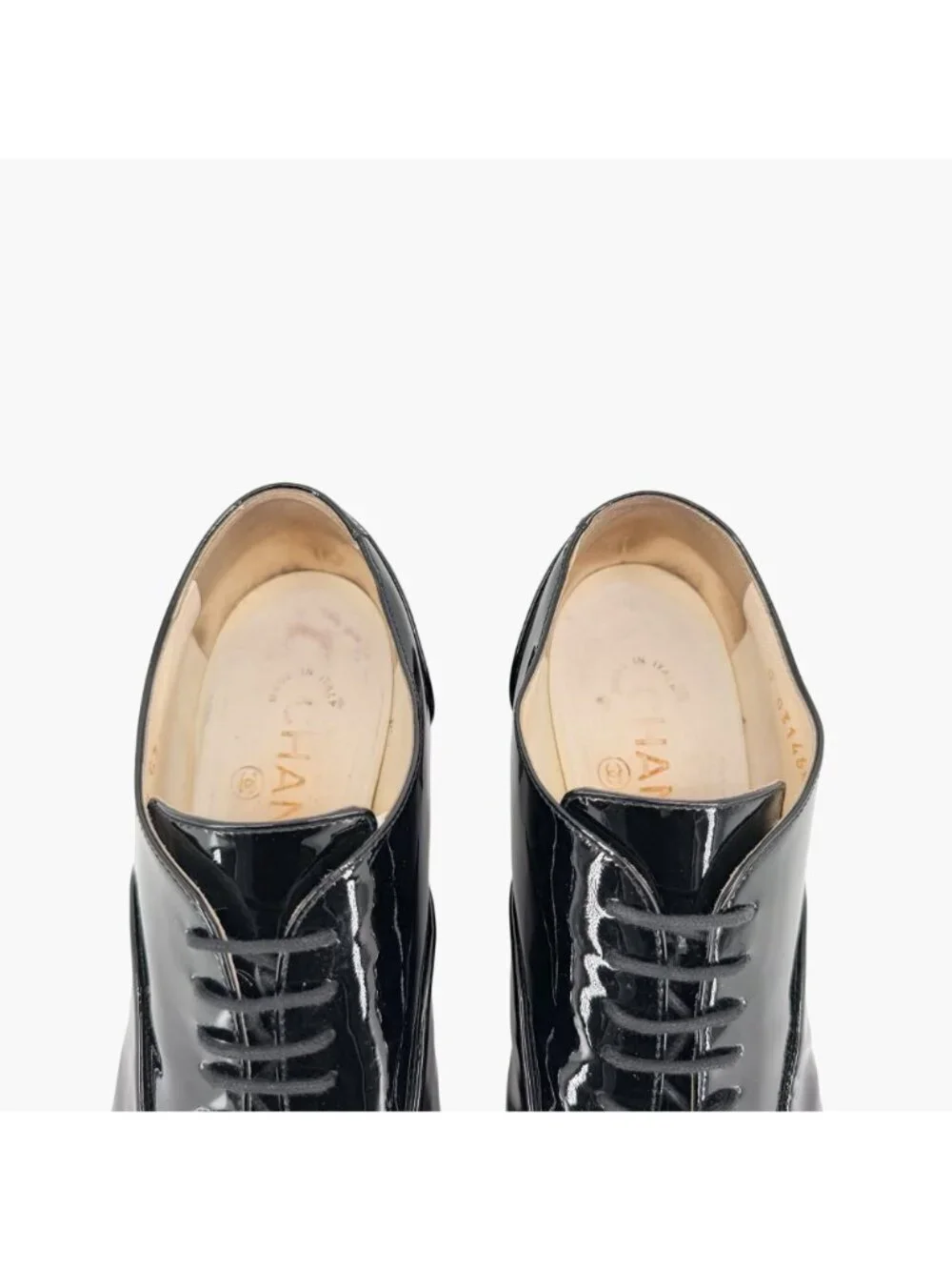 Chanel CC Camellia Flower Patent Oxford Heels Black Leather Size 37 US 6-6.5